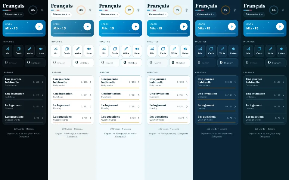 The same page six times, from near black through pale and bright blue to dusk and night