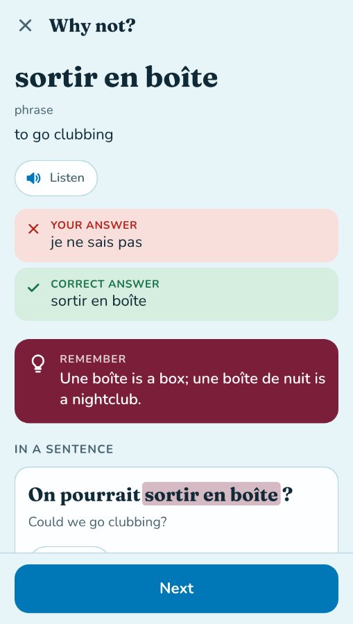 A wrong answer explained: the answer given, the right one, a note to remember it by, and the word in a sentence