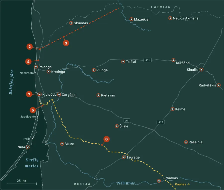 A map of western Lithuania from the sea to Šiauliai, with six numbered objects, a dashed oil pipeline and a dashed gas pipeline