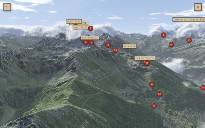 The ridge above Verbier in summer, with the names of the peaks and the numbered lifts